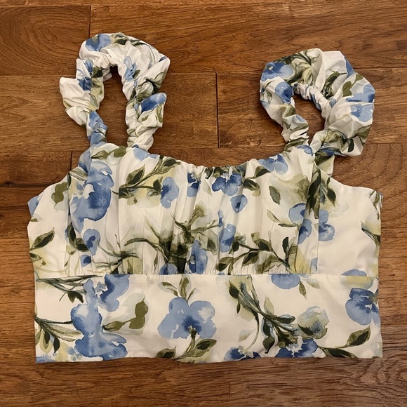 Abercrombie Scrunch Strap Poplin Top in Blue/Green Floral Print, Size XL - Picture 11 of 15